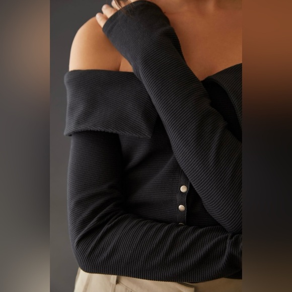 NWT Maeve Anthropologie Ribbed Off Shoulder Snap Button cardigan top w/ collar L - Picture 4 of 10